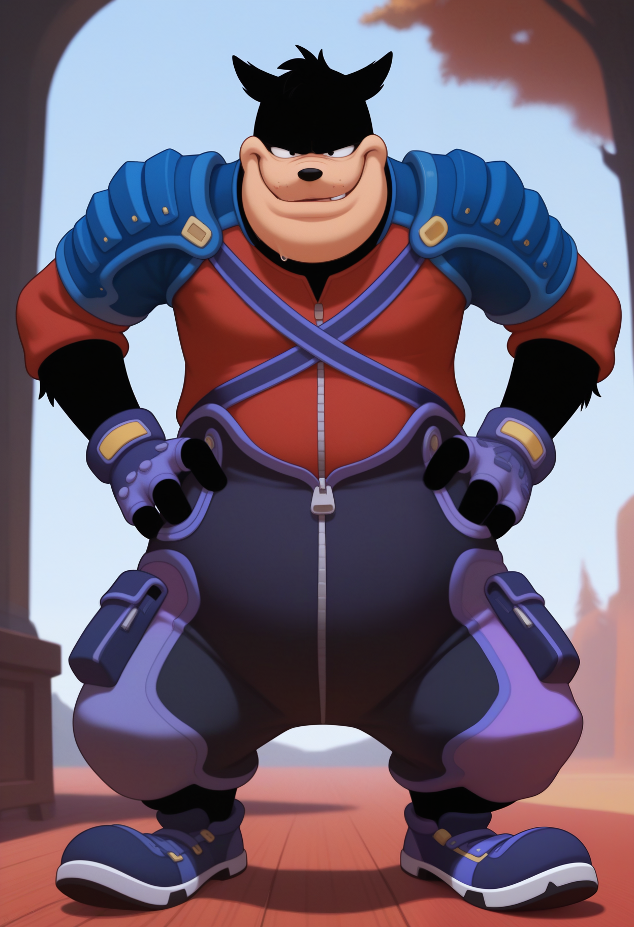 masterpiece,best quality,amazing quality, 1boy, solo, solo, p3t3, blue shoulder armor, purple bottoms, purple fingerless gloves, purple shoes, red undershirt, furry male, hands on hips, smug,