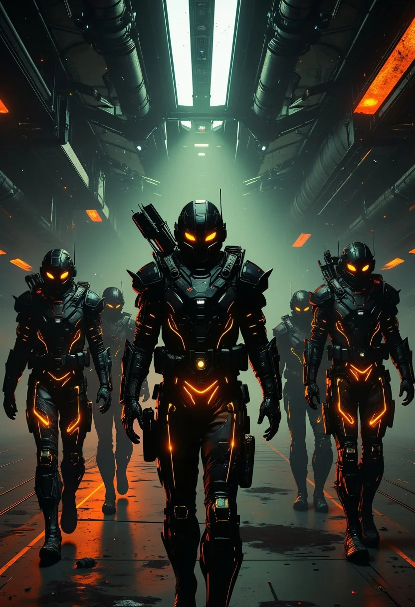 Group of futuristic space slodiers, black armor with glowing orange pulsating lights stands disembarking from futuristic spaceship. Sci fi large hall experimental facility filled with neon light and futuristic vehicles. Some of them without helmets. They hold plasma rifles with intricate, neon-lined designs.