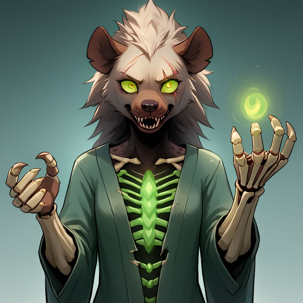 Solo, female, gnoll, black rotting fur, messy fur, glowing green left eye, blind right eye, scar over right eye, skeleton hands, claws, necromancer robe, eldritch, ugly green magic in skeleton hands, hyena anthro, undead anthro
