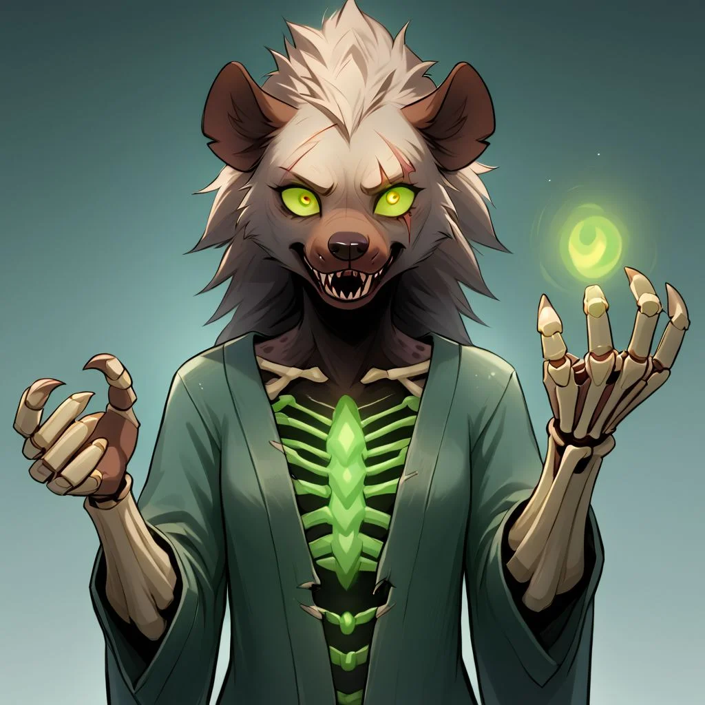 Solo, female, gnoll, black rotting fur, messy fur, glowing green left eye, blind right eye, scar over right eye, skeleton hands, claws, necromancer robe, eldritch, ugly green magic in skeleton hands, hyena anthro, undead anthro