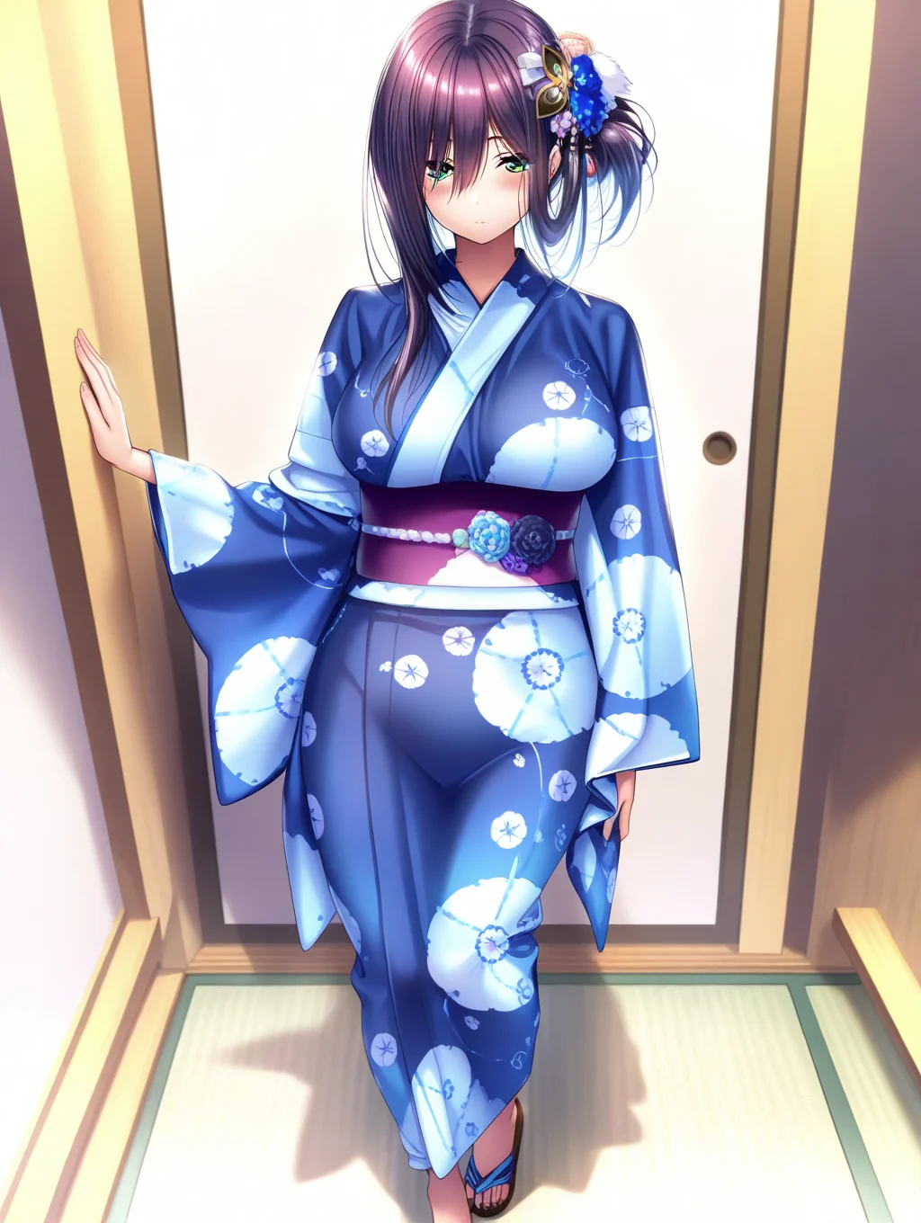 (masterpiece,best quality,ultra_detailed,highres,absurdres:1.2,amazing quality,very aesthetic),<lora:Himiyama Rei ilxl_v1-000012:0.8>,rei\(Amakano 2\),1girl,solo,long hair,large breasts,green eyes,purple hair,standing,looking at viewer,white background,full body,japanese clothes,blue kimono,hair ornament,obi,wide sleeves,floral print,sandals,, (masterpiece,best quality,ultra_detailed,highres,absurdres:1.2,amazing quality,very aesthetic),Smooth Negative,
