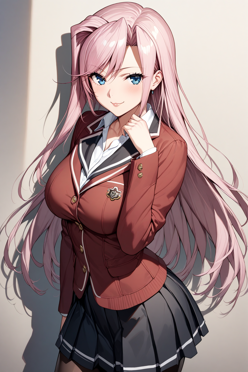 charlotte_hazelrink, 1girl, solo, pink hair, blue eyes, school uniform, white shirt, red jacket, black skirt, black pantyhose, cowboy shot, looking at viewer, smile, closed lips, :3, smug face<lora:Charlotte_Hazelrink:1>, (masterpiece),(best quality),(ultra-detailed),(best illustration),(best shadow),(absurdres),(detailed background),(very aesthetic),