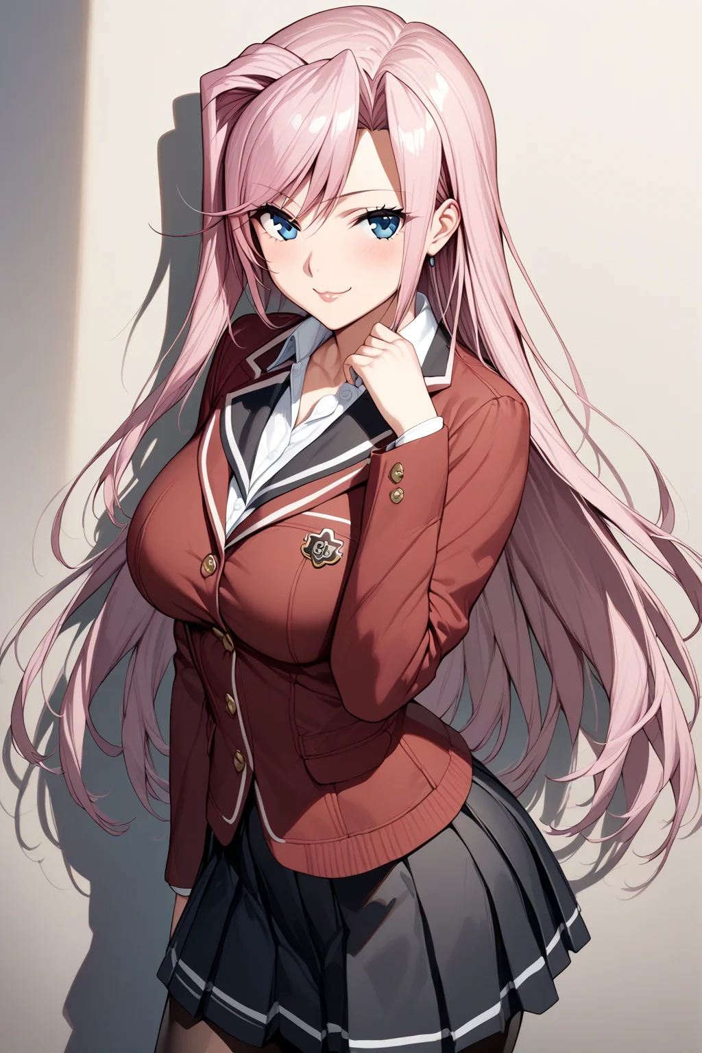 charlotte_hazelrink, 1girl, solo, pink hair, blue eyes, school uniform, white shirt, red jacket, black skirt, black pantyhose, cowboy shot, looking at viewer, smile, closed lips, :3, smug face<lora:Charlotte_Hazelrink:1>, (masterpiece),(best quality),(ultra-detailed),(best illustration),(best shadow),(absurdres),(detailed background),(very aesthetic),