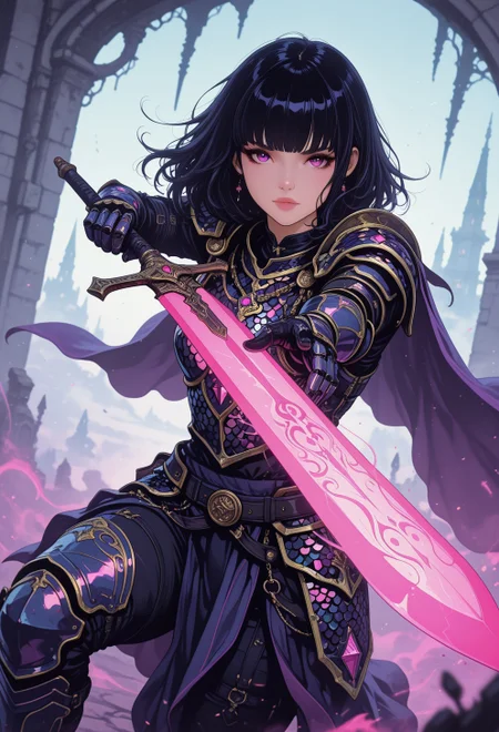 <lora:ck-nc-cyberpunk-IL-000011:0.35>,  masterpiece, best quality, good quality, very aesthetic, absurdres, newest, 8K, depth of field, focused subject, dynamic angle, action shot, cholographic shimmer intricate armor, whimsical ghostly woman hkbeauty looking at the viewer while aiming with a otherworldly glowing sword, manga, fantasy, inksketch, auraflow, 
in the style of cknc, in the style of ck-rw
<lora:MoriiMee_Gothic_Niji_Style_Illustrious_r1:0.5>
<lora:ck-neon-retrowave-IL:0.55>
<lora:ck-shadow-circuit-IL:0.65>