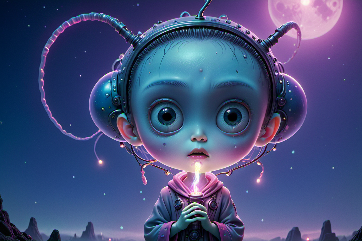 cute little Japanese (alien:1.1) anime, l, detailed scene, perfect face, intricately detailed photorealism, trending on artstation, neon lights, misty night, stunning full body anime art by (Mark Ryden:1.1)   <lora:Nicoletta_Ceccoli_2:0.4> Nicoletta Ceccoli  <lora:another-bored-monsters:0.45> fx-monsters <lora:AnotherBoredDetailXL:0.7>, subsurface scattering, ultra hd, 4k, high def, Photorealistic, Hyperrealistic, Hyper detailed, analog style, realistic, masterpiece, best quality, ultra realistic, 8k, Intricate, High Detail, film photography, soft lighting,  heavy shadow