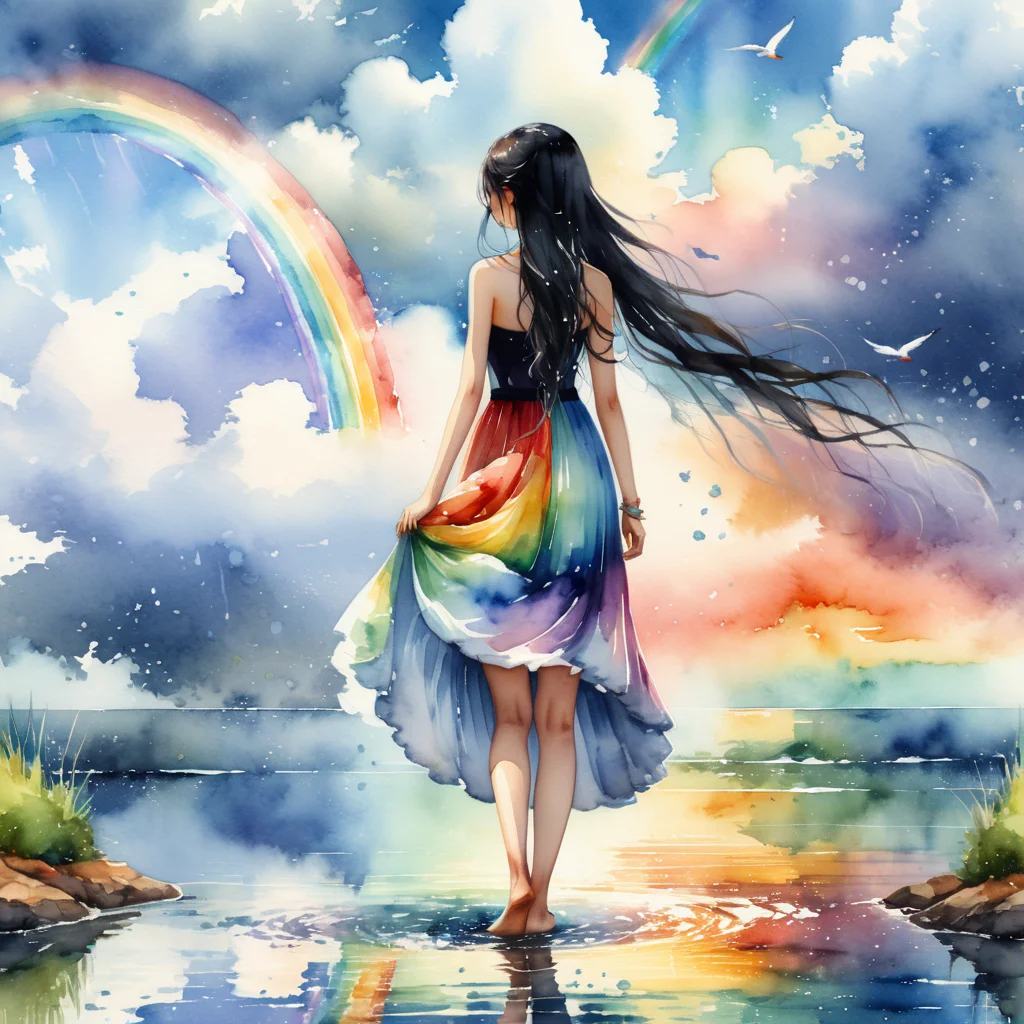 masterpiece, best quality, absurdres, illustration, watercolor, 1girl, solo, long hair, black hair, dress, skirt hold, wading, sleeveless, barefoot, bare shoulders, standing, from behind, outdoors, cloud, sky, bird, water, rainbow,<lora:xl_more_art-full_v1:1>