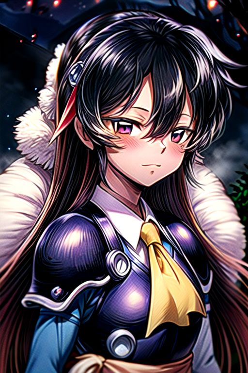 best quality 1girl Setsun4 solo long hair,  (night time) forest background black hair very long hair purple eyes multicolored hair armor, small, (fur trim) (medium body),<lora:EMS-179-EMS:0.800000>,<lora:EMS-293862-EMS:0.800000> bow, hair_bow, hair_tubes, red_bow, brown_hair, long_hair, bangs, ascot, frilled_bow, yellow_ascot, blush, smile, hair_between_eyes, athletic, armor, miko, strengthmda,  Smiling, happy, (helmet), Samurai Helmet