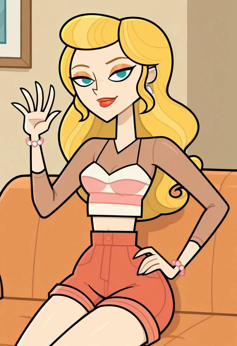 score_9,score_8_up,score_7_up, 1girl, solo, Anastasia_DC_IL, pale skin, turquoise eyes, blonde hair, long wavy hair, freckles, orange eyeshadow, red lips, white earrings, pink pearl bracelets, white and pink striped cropped tank top, under rose gold long sleeve crop top, orange pink shorts, looking at viewer, indoors, room background, (portrait) tall, sitting on the couch, smile, hand on hip, hand up