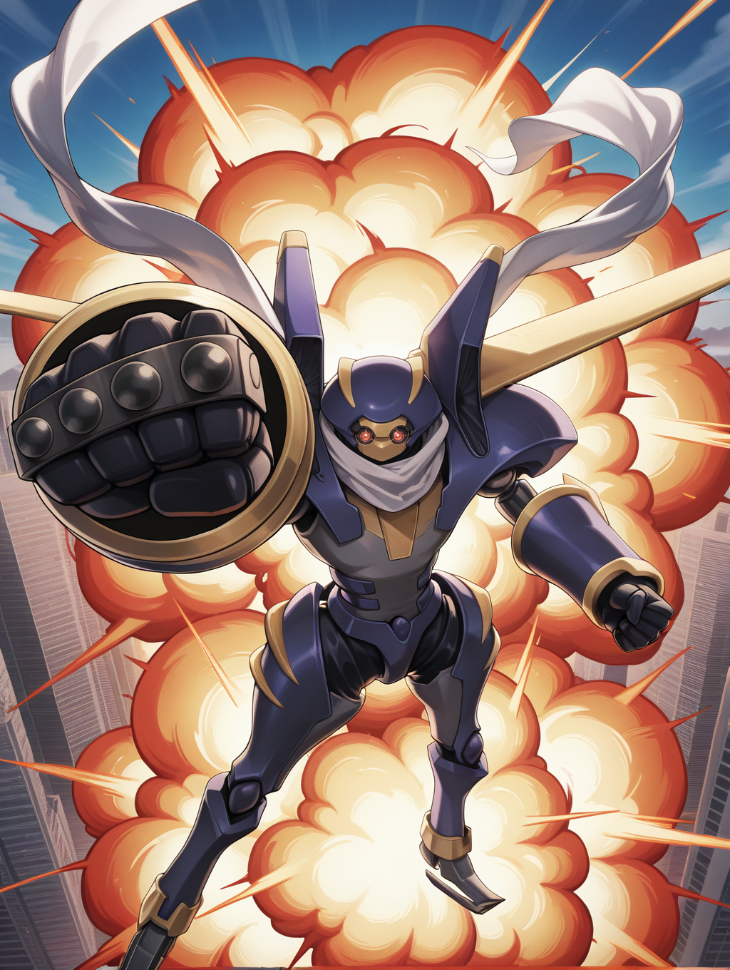 junk warrior,no humans,solo,robot,white scarf,explosion,clenched hands,standing,from above,sky,looking at viewer,brass knuckles,dashing,flyinh,punch,arm up,
masterpiece,best quality,amazing quality,very aesthetic,absurdres,newest,<lora:Junk Warrior illuXL v1:0.82>,
