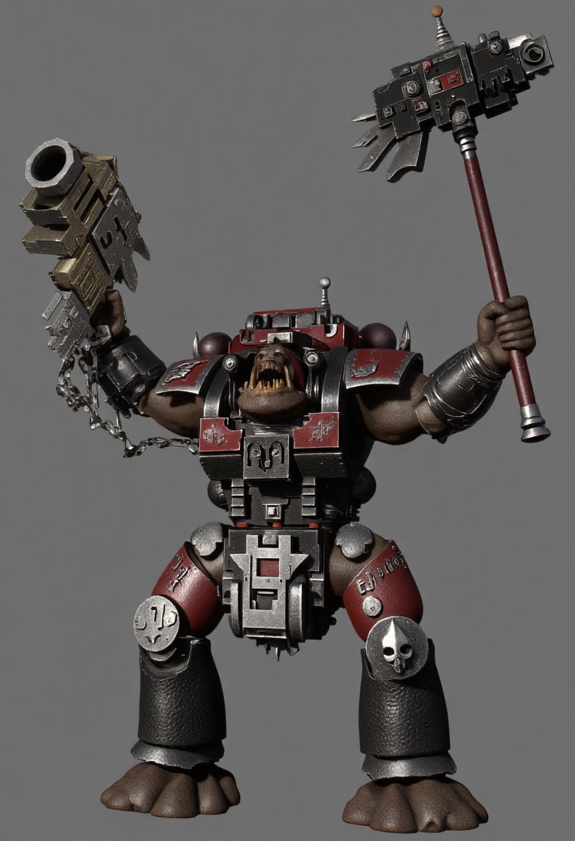 Score_9_up, absurdres, source: GamesWorkshop, grimdark, gothic horror, Warhammer 40000, a snarling ork is waving an axe in one hand and firing a machinegun in the other, lifelike, hyperrealism, perfect hands, perfect anatomy, project unreal engine