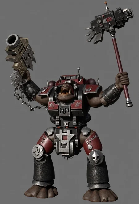 Score_9_up, absurdres, source: GamesWorkshop, grimdark, gothic horror, Warhammer 40000, a snarling ork is waving an axe in one hand and firing a machinegun in the other, lifelike, hyperrealism, perfect hands, perfect anatomy, project unreal engine