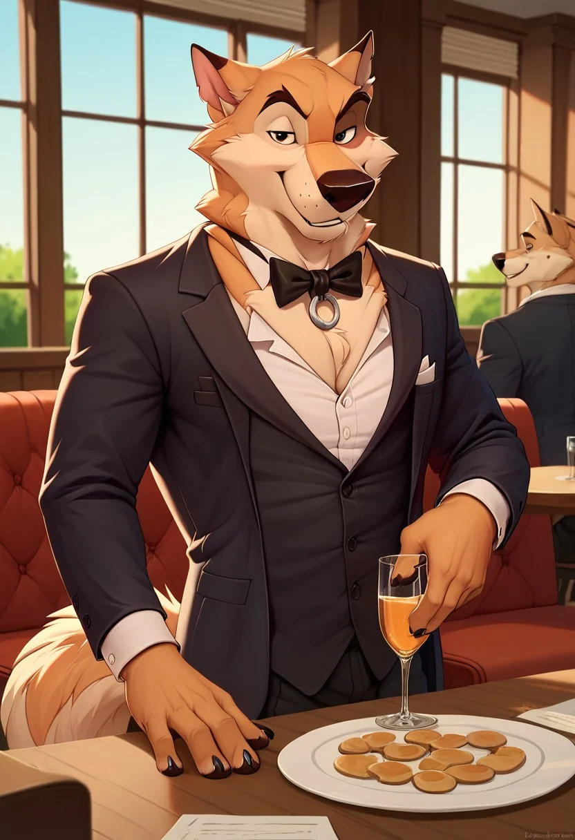 score_9, score_8_up, score_7_up, Kaltag, alaskan malamute, anthro, solo, smile, tuxedo, formal wear, restaurant background, detailed background, high res, ultra quality
