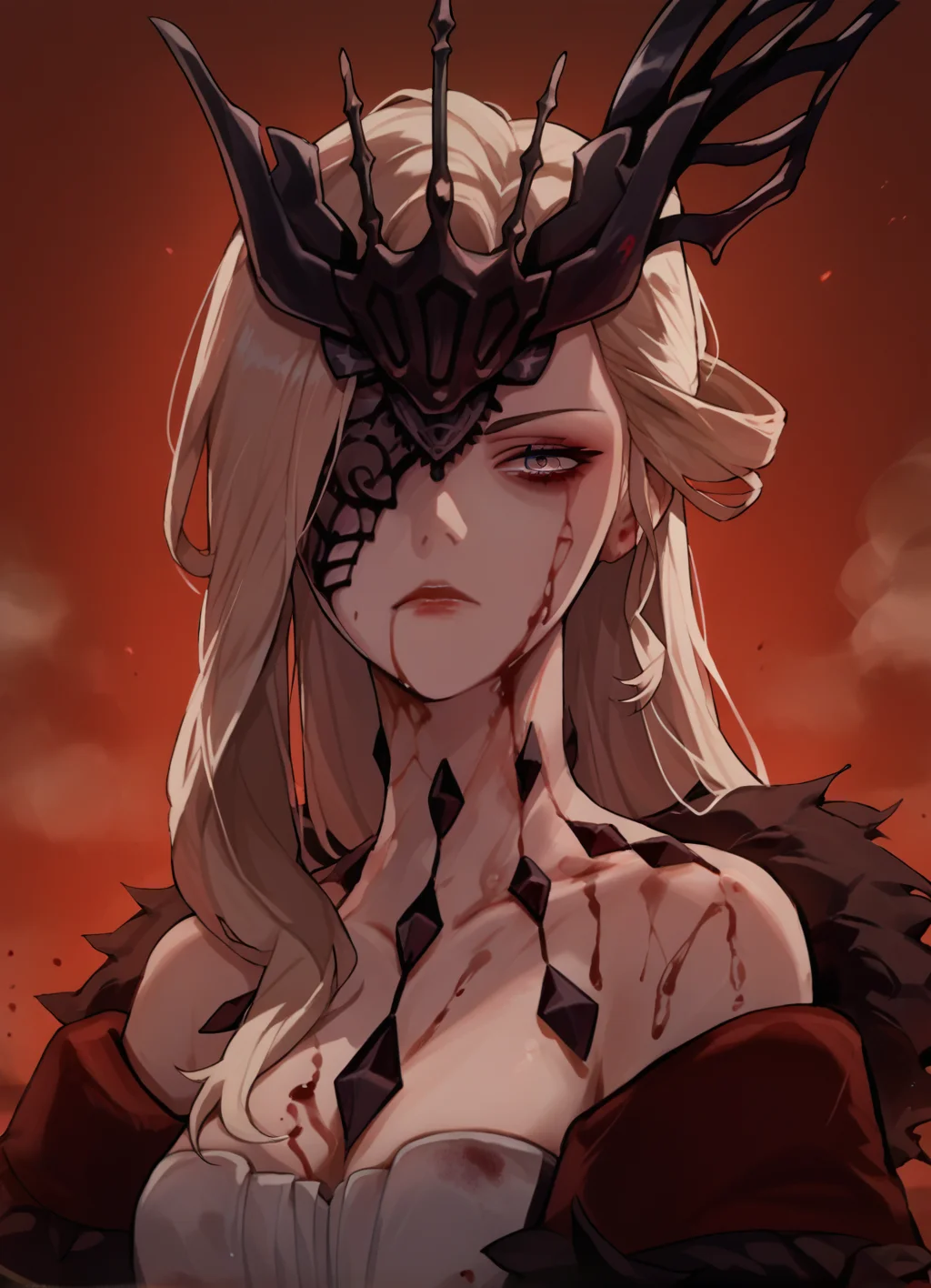 score_9, score_8_up, score_7_up, source_anime, score_9, score_8_up, score_7_up, source_anime,upper body,blurred background, (fog:1.2),blood,red background, solo, 1girl, signora,one eye covered, <lora:signora:0.8>