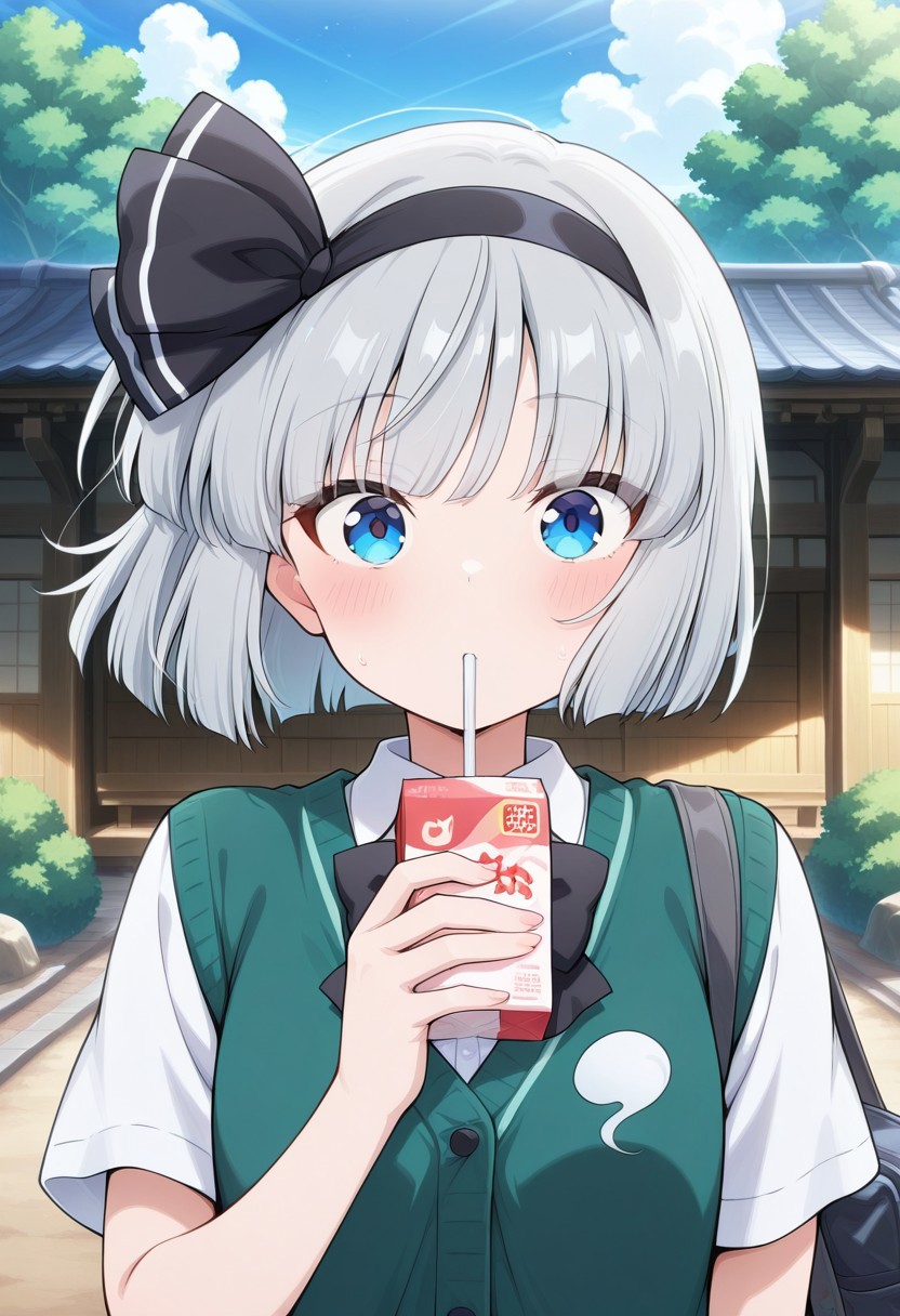 absurdres, highres, masterpiece, best quality, amazing quality, official anime artwork, screencap, anime screencap, outdoors, looking at viewer, dynamic pose,
konpaku youmu, 1girl, solo, blue eyes, grey hair, short hair, youmu \(graceful hakugyoku student council member\), alternate costume, adapted costume, black hairband, hair bow, black bow, black bowtie, school uniform, green cardigan, white shirt, short sleeves, black bag, school bag, shoulder bag, holding juice box, drinking straw,
focus on face, face close up, portrait,