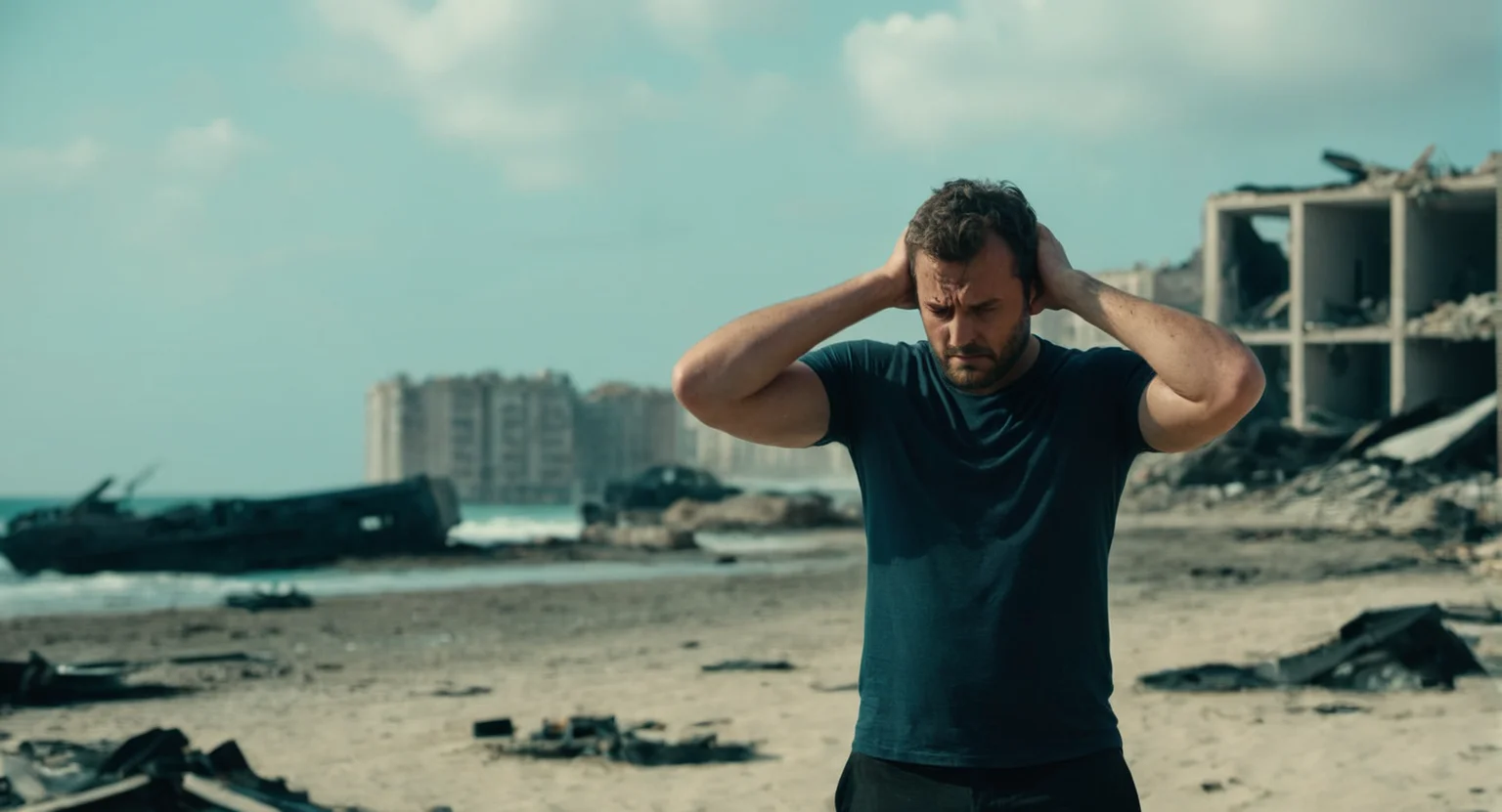 cinematic film still of <lora:cinematic explosion style:1.5>
a sad man is standing on a beach with his hands on his head with wrecked buildings in the background from an explosion cinematic explosion style, shallow depth of field, vignette, highly detailed, high budget, bokeh, cinemascope, moody, epic, gorgeous, film grain, grainy