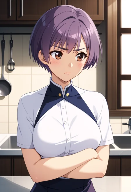 score_9, score_8_up, score_7_up, BREAK   <lora:SatomiKo:1> ,saatomi, 1girl,brown eyes,purple hair,short hair,medium breasts,chief uniform,pouting,looking away,crossed hands,blush,kitchen