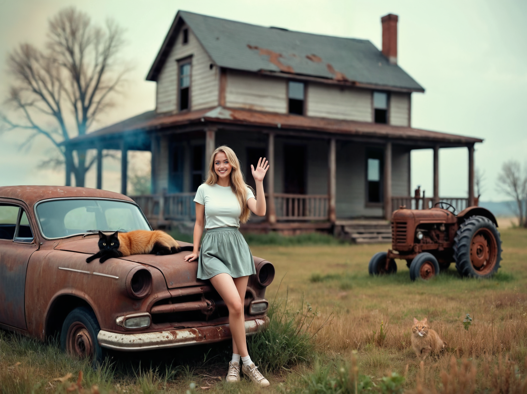 breathtaking a woman standing next to a car in a field with a house in the background and a cat on the hood, Annie Leibovitz, promotional image, a detailed matte painting, art photography <lora:Flux-style-xl-lora:.5> <lora:add-detail-xl:.5> . award-winning, professional, highly detailed