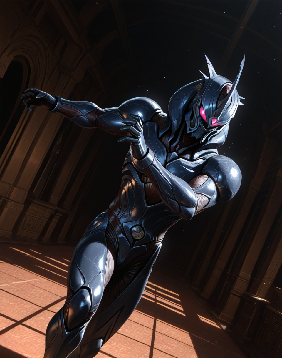 perfect depth of field shot, masterpiece, beautiful, sharp focus, crisp details,
<lora:Dark_Hero_(Guyver)_(Illustrious)_(AD):1> Dark_Hero, Guyver, bioboosted armor, 
((exterior, science fiction, high science fiction, action anime style background, dark spaceship interior, photographic realism, 8K CGI render, 
dynamic action, dynamic perspective, dutch angle, bent knee, cowboy shot,
male focus, gradient style anime coloring, strong, fighting scene, solo, ):1.5), 
EZRealPONYXL, zPDXL, Smooth Quality, lazynsfw,