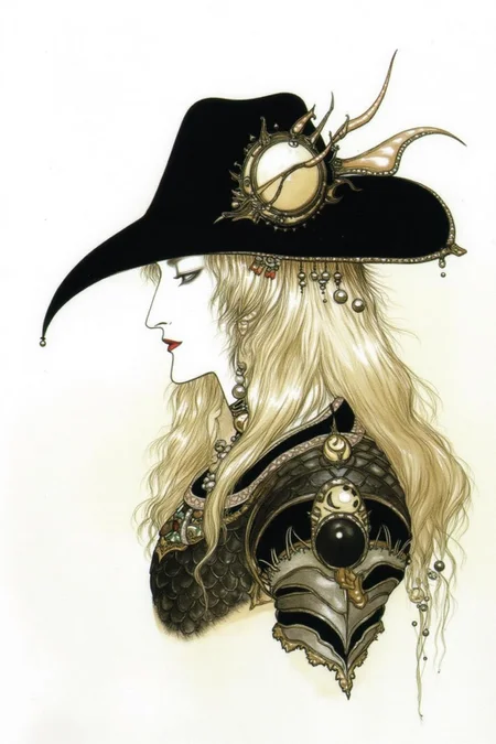 amayo illustration.
Side profile view of a man with long, flowing, wavy hair that cascades down to his waist. His hair is a mix of golden-blonde and platinum shades, adorned with delicate, shimmering beads and small, intricate ornaments that catch the light. He is wearing a ornate wide-brimmed black hat with matching black scaled armor. <lora:amayo1_cap_d6a3e11:1.0><lora:827320755734807201:0>