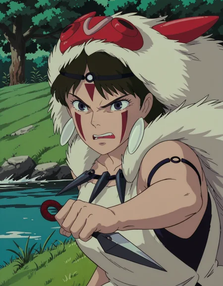 <lora:Princess Mononoke IL:1> MononokStyle, ghistyle, mononoke hime
1girl, solo, angry, kunai, attack, upper body, grass, water, tree
