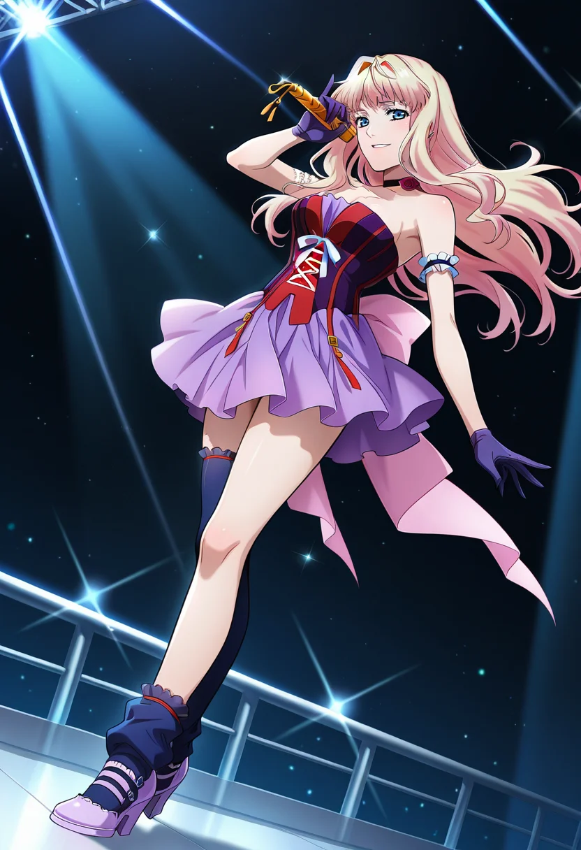concert, stage,
BREAK,
light smile, looking at viewer, parted lips,
full body, dynamic angle,
BREAK,
<lora:sherylX_illustriousXL_v01:0.99>
sheryl nome, sherylidol, blonde hair, gradient hair, blue eyes,
bare shoulders, sleeveless, purple gloves, purple skirt, flower choker, corset, corset top, purple high-low dress,
one thighhigh, asymmetrical legwear, ribbon tail, armband,
purple footwear, purple shoes,
holding microphone,, source_anime, very aesthetic, anime coloring, masterpiece,
best quality, amazing quality, ultra detailed, very aesthetic,
detailed background,
BREAK,