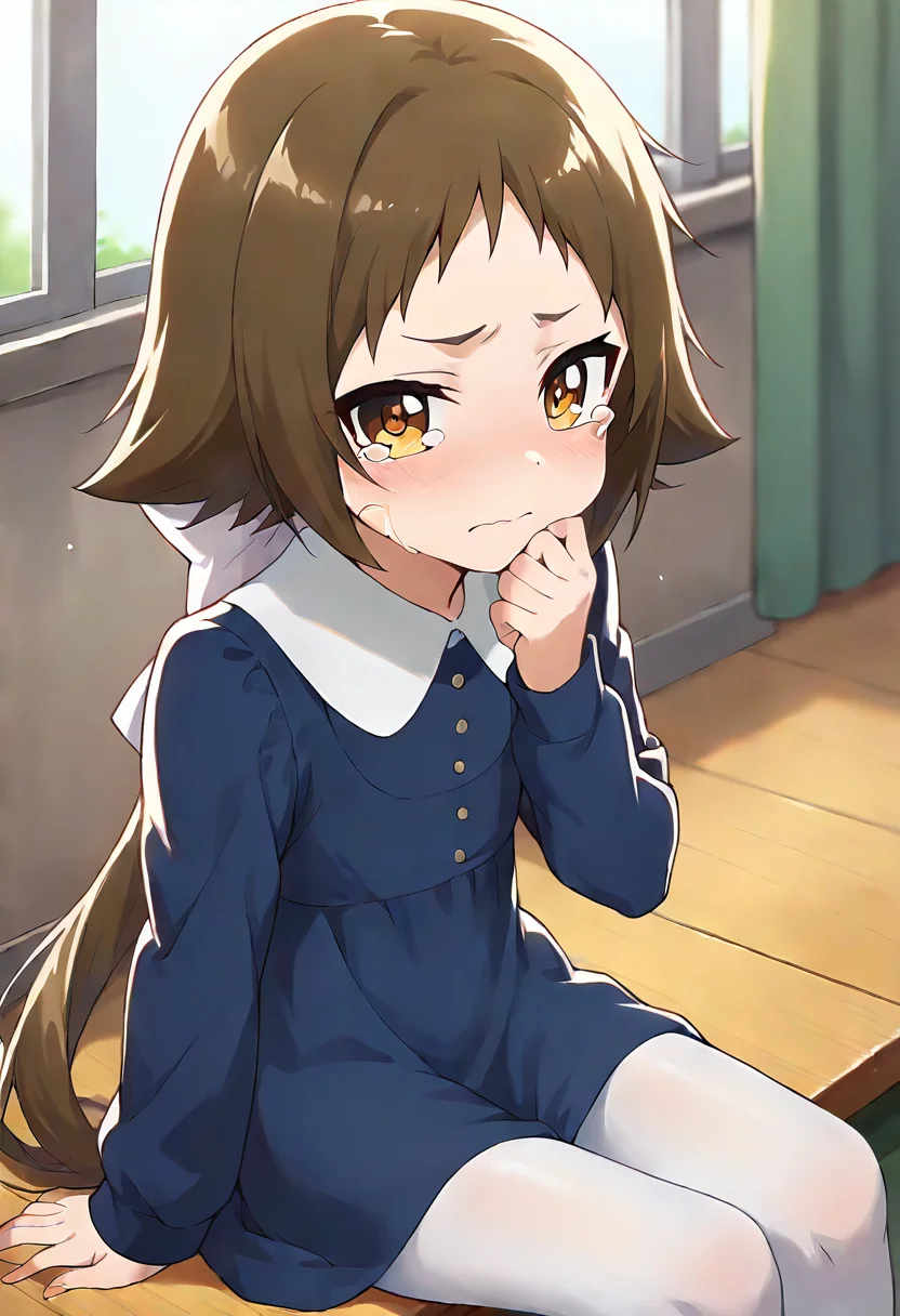 score_9, score_8_up, score_7_up, source_anime, masterpiece, 1girl, ct_mashir0, hair bow, blue dress, white pantyhose, long sleeves, indoors, depth of field, looking at viewer, sitting, crying, hand on own chin, <lora:Mashiro_Mitsumine_pony_ct_ver2:0.9>