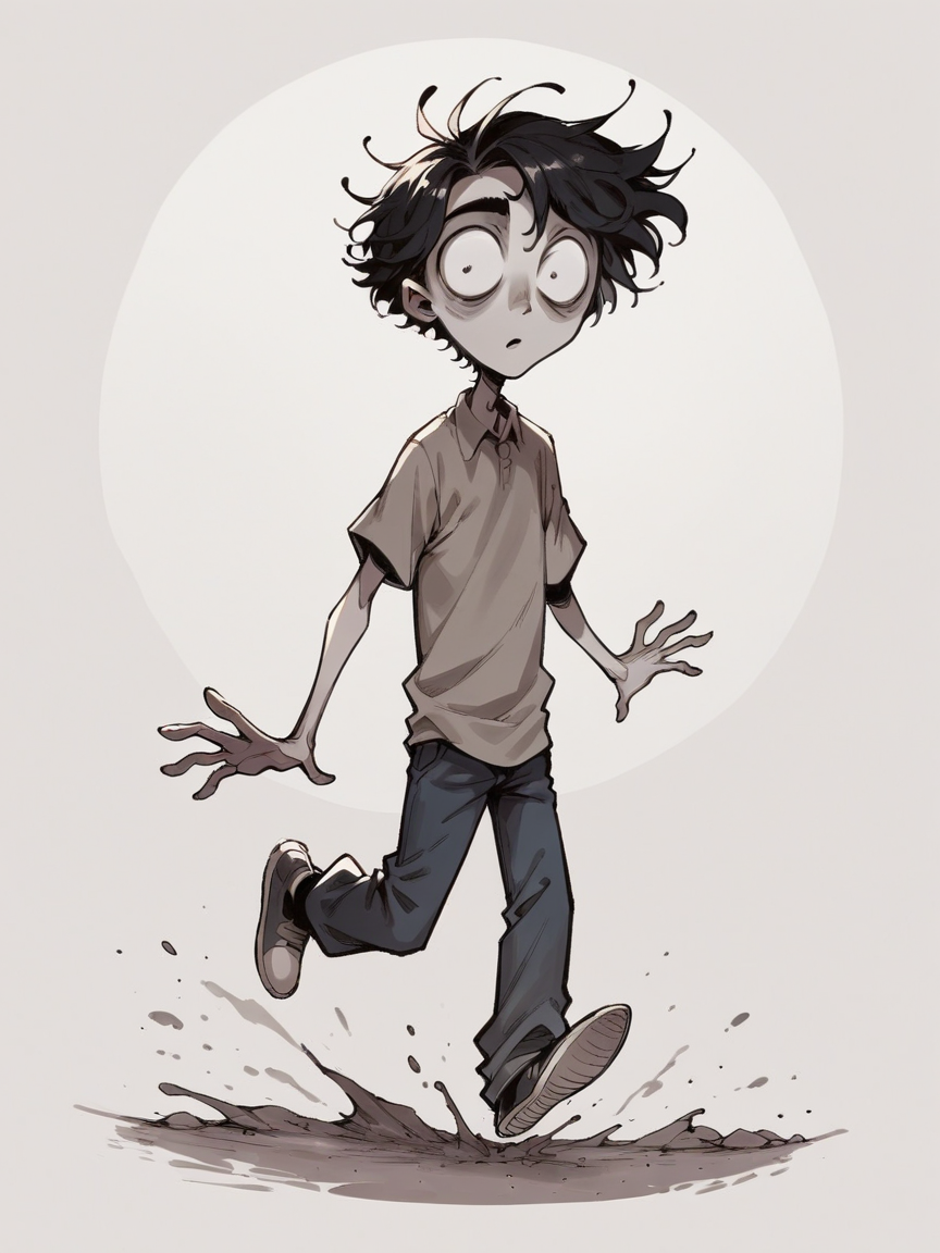 score_9, score_8_up, score_7_up, score_6_up, score_5_up,   <lora:TimBurtonXLP:1> tim burton,, horror (theme), wide-eyed, 1boy, runners, solo