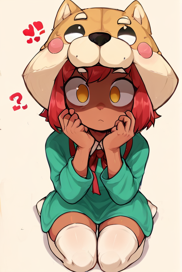 score_9, score_8_up, score_7_up,  <lora:shinita:1> shinita  , 1 girl , dark-skinned female,  red hair,  no pupils,  green dress, long sleeves, white thighhighs,   red ribbon, shaded face,  ,dog headwear  , confused, looking at viewer, randoseru,  heart,  <lora:Aer0Zer0_Artist_Style:1>
