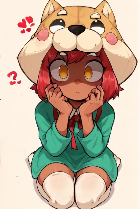 score_9, score_8_up, score_7_up, <lora:shinita:1> shinita , 1 girl , dark-skinned female, red hair, no pupils, green dress, long sleeves, white thighhighs, red ribbon, shaded face, ,dog headwear , confused, looking at viewer, randoseru, heart, <lora:Aer0Zer0_Artist_Style:1>