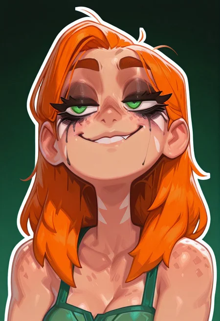 masterpiece, best quality, newest, absurdres, highres, pixelsketcher, portrait,  
1girl, thick eyelashes, detailed eyes,small breasts, ,runny makeup, runny mascara,smug
simple background, outline,Windranger, ginger hair, green eyes, medium breasts,   white facial mark, freckles, long hair, messy hair,