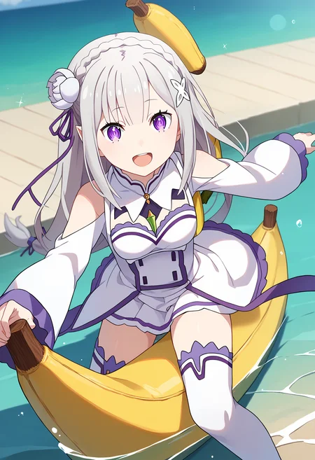 score_9, score_8_up, score_7_up, source_anime,
BREAK
1girl, solo,
<lora:shiEmiliaV2:1> shimilia, long hair, grey hair, purple eyes, pointy ears, crown braid, hair flower, hair ribbon, purple ribbon, x hair ornament, white dress, white thighhighs, thigh boots,
<lora:shiBananaV1:0.85>, shibananariding, banana boat, riding,
open mouth, smile, looking at viewer, happy,