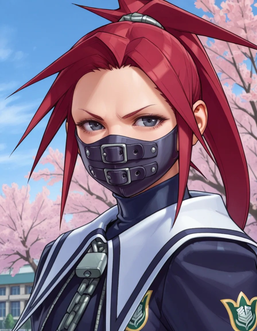 Masterpiece, hires, ((solo)), realistic, smooth, detailed face and eyes, absurd detail, awesome picture, detailed skin, Beautiful background, dynamic pose, duch Angle, ((close up, portrait)), standing,  school, outside, blossom tree, 1girl, project_zaki, solo, ponytail, long hair, spiked hair, sailor collar, school uniform, black glove,  mouth mask, blue pantyhose, neck chain, patch emblem, black eyes, red hair,  <lora:Project_Justice_Rival_Schools_-_Zaki_Aoi_Himezaki-000019:0.8> angry