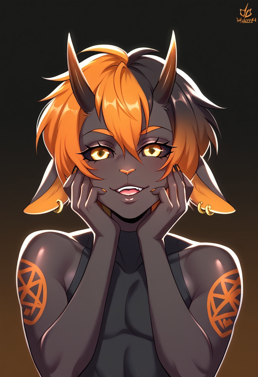 drawpanther style,  score_9, score_8_up, score_7_up, greshockpxl,1boy,solo,femboy, anthro goat,furry, short hair, multicolor hair, dark hair, orange hair, dark sclera, gold eyes, black skin, tattoo, big ass, small horns, BREAK,<lora:yandere_trance_v1_pruned:1>, yandere trance, close-up