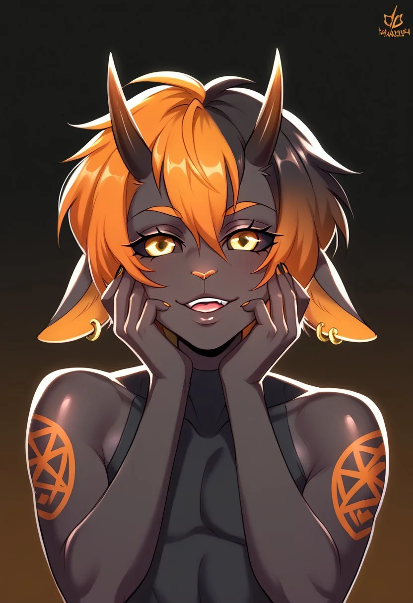 drawpanther style, score_9, score_8_up, score_7_up, greshockpxl,1boy,solo,femboy, anthro goat,furry, short hair, multicolor hair, dark hair, orange hair, dark sclera, gold eyes, black skin, tattoo, big ass, small horns, BREAK,<lora:yandere_trance_v1_pruned:1>, yandere trance, close-up