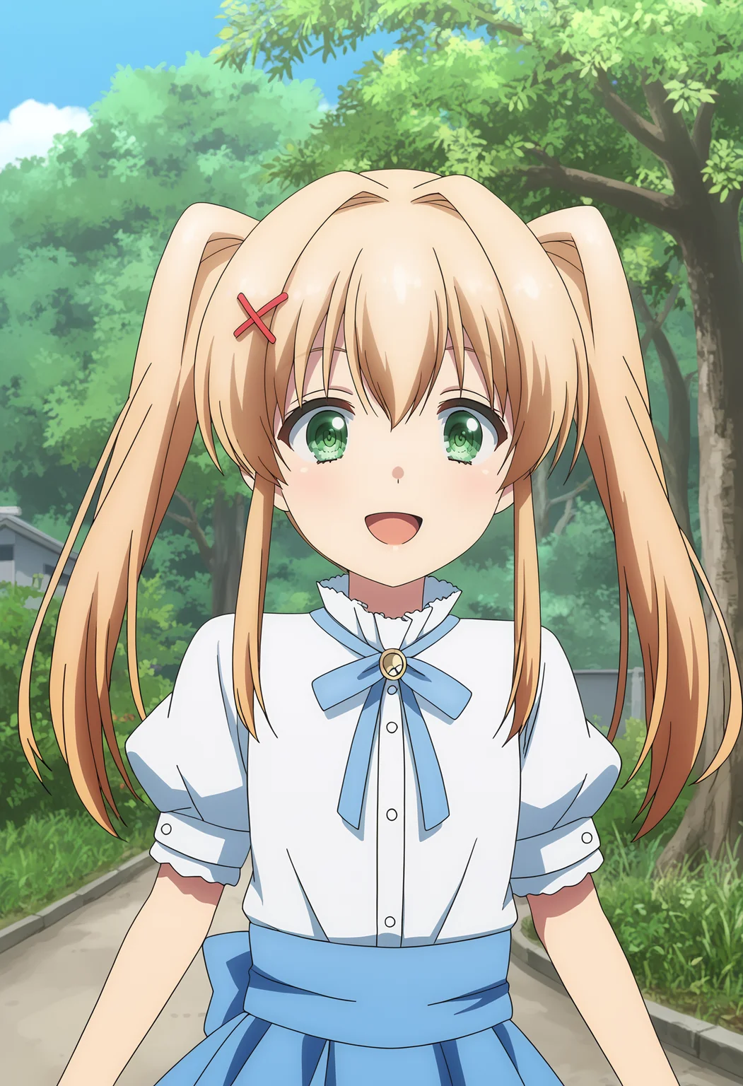 Tsumugi Wenders,1girl,twintails,open mouth,hair intakes,short sleeves,blue skirt,smile,puffy sleeves,outdoors,white shirt,puffy short sleeves,tree,:d,sidelocks,
<lora:Tsumugi Wenders_pony-000036:1>,green eyes