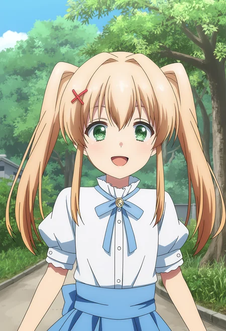 Tsumugi Wenders,1girl,twintails,open mouth,hair intakes,short sleeves,blue skirt,smile,puffy sleeves,outdoors,white shirt,puffy short sleeves,tree,:d,sidelocks,
<lora:Tsumugi Wenders_pony-000036:1>,green eyes