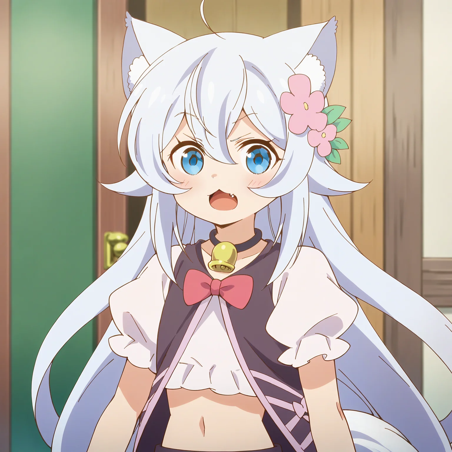 noelabase, long hair, blue eyes, hair ornament, bow, very long hair, blue hair, tail, flower, ahoge, short sleeves, fang, midriff, puffy sleeves, hair flower, puffy short sleeves, bell, wolf ears, jingle bell, wolf tail, neck bell, wolf girl, <lora:Doom PonyXL Noela:1>, looking at viewer, score_9, score_8_up, score_7_up, score_6_up, score_5_up, score_4_up , anime coloring ,BREAK source_anime, anime,
upper body