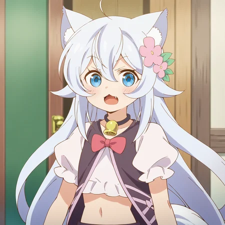 noelabase, long hair, blue eyes, hair ornament, bow, very long hair, blue hair, tail, flower, ahoge, short sleeves, fang, midriff, puffy sleeves, hair flower, puffy short sleeves, bell, wolf ears, jingle bell, wolf tail, neck bell, wolf girl, <lora:Doom PonyXL Noela:1>, looking at viewer, score_9, score_8_up, score_7_up, score_6_up, score_5_up, score_4_up , anime coloring ,BREAK source_anime, anime,
upper body