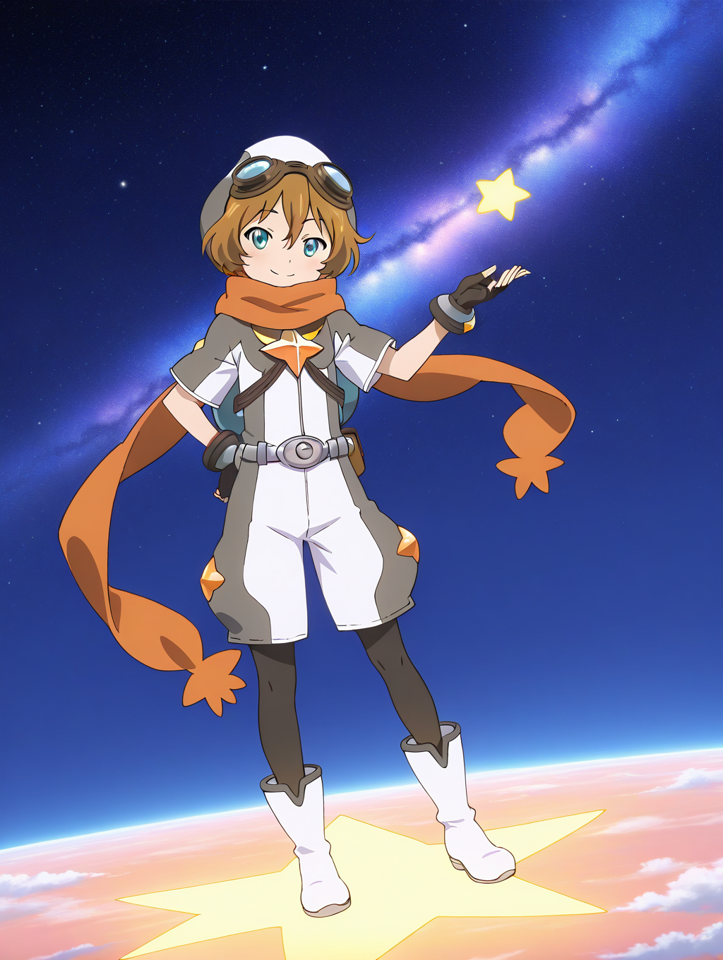 general,highres, ultra-detailed,very aesthetic,best quality ,best hands,  BREAK <lora:Elnath_Houkago_no_Pleiades_IS:1> Elnath(Pleiades), 1boy,solo, scarf, goggles, brown hair, goggles on head, short hair, aqua eyes, 
 1girl, solo, full body, gloves, boots, smile, pantyhose, shorts, looking at viewer, orange scarf, fingerless gloves,  male child,
white footwear, short sleeves, star (symbol), black pantyhose, black gloves, standing, white shorts,
galaxy, sky,