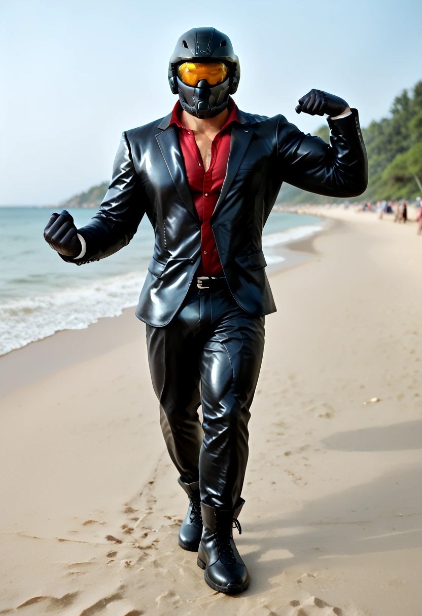 score_9, score_8_up, score_7_up, photo, photorealistic, rating_explicit, (solo:1.1), 1boy, black helmet with tinted visor, muscular male, masculine male, black glossy leather blazer suit, red shirt, formal, pants, skintight, black rubber gloves, black rubber boots, abs, nipples, pecs, flexing, proud, sweaty, outdoors beach, five digits