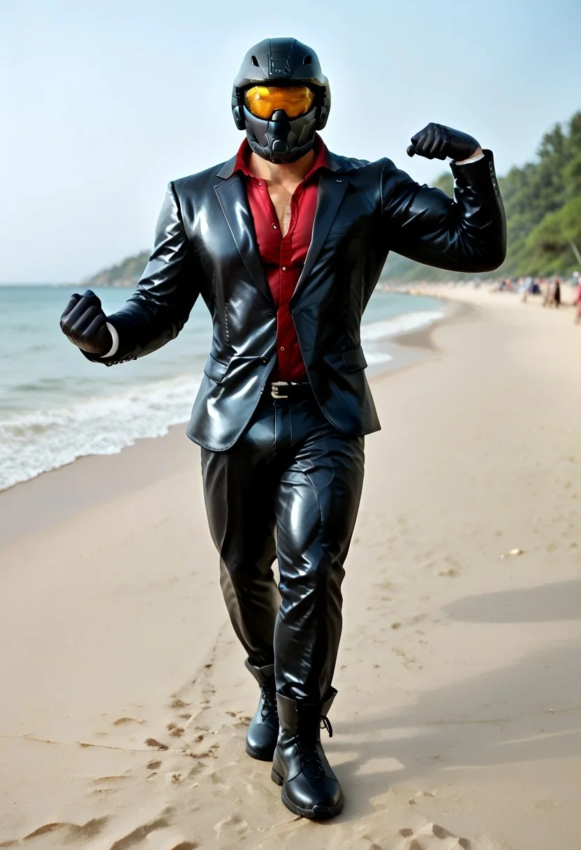 score_9, score_8_up, score_7_up, photo, photorealistic, rating_explicit, (solo:1.1), 1boy, black helmet with tinted visor, muscular male, masculine male, black glossy leather blazer suit, red shirt, formal, pants, skintight, black rubber gloves, black rubber boots, abs, nipples, pecs, flexing, proud, sweaty, outdoors beach, five digits
