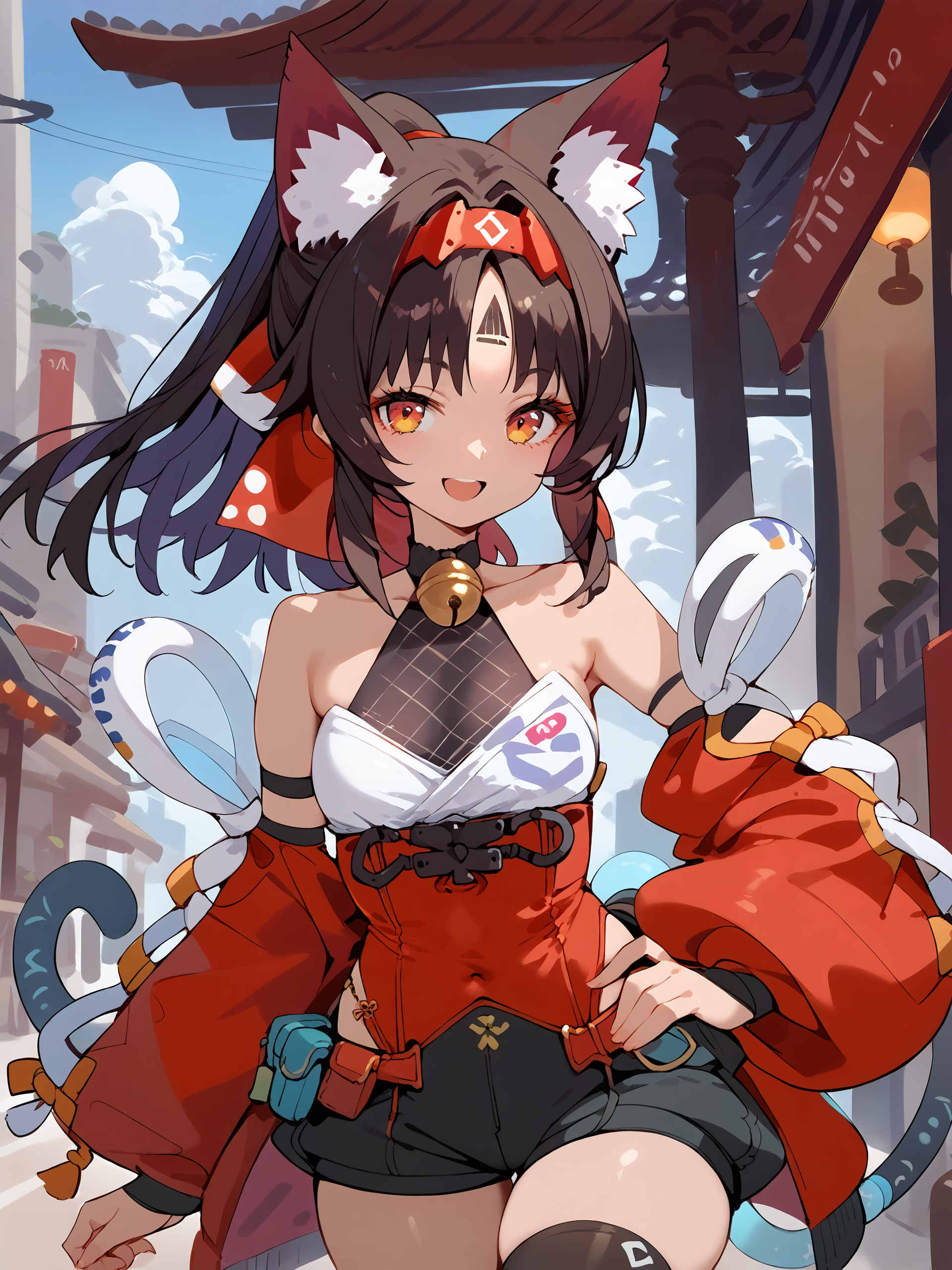 score_9, score_8_up, score_7_up, source_anime, 1girl, nekomiya mana, solo, neck bell, hairband, two tails, detached sleeves, black thighhighs, ponytail, red leotard, leotard under clothes, black shorts, hair ribbon, forehead mark, cowboy shot, standing, smile, open mouth, looking at viewer, hand on hip, outdoors, street  <lora:Char-ZZZ-Nekomiya_Mana-Pony-V1:1>  <lora:style-nai:1>