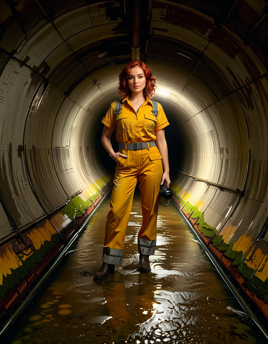 A young woman, April O'Neil, stands confidently in front of a large, circular sewer pipe,L4rg3 s3w3r p1p3. She has vibrant red, shoulder-length wavy hair and wears her iconic bright yellow jumpsuit with utility-style details, such as rolled-up sleeves and visible pockets. A brown utility belt is fastened around her waist. She holds a microphone or a small camera in one hand, highlighting her role as a journalist. Her expression is determined and slightly smiling, radiating courage and curiosity.
The sewer pipe behind her is massive and weathered, with green moss and moisture stains around its edges. The interior of the pipe is dark and shadowy, while the exterior is illuminated by soft natural light. There is a small puddle of water or wet ground in front of the pipe, reflecting faint light.
The background features an urban, industrial setting with worn brickwork surrounding the sewer opening, showing signs of age and decay. Small wild plants and grass grow around the base, adding a touch of nature to the scene.
The lighting is soft and dramatic, with natural sunlight streaming in and casting gentle reflections on the ground and inside the pipe. The image is styled as a semi-realistic illustration with vivid, bright colors for April O'Neil, contrasting with the muted, earthy tones of the background. The overall mood is adventurous and cinematic.<lora:SDXLFaeTastic2400:0.4> <lora:extremely_detailed:0.4> extremely detailed, <lora:L4rg3_s3w3r_p1p3:1>, Masterpiece,best quality,hi res,8k,hi res,8k,award winning,(sharp focus, intricate, highly detailed),