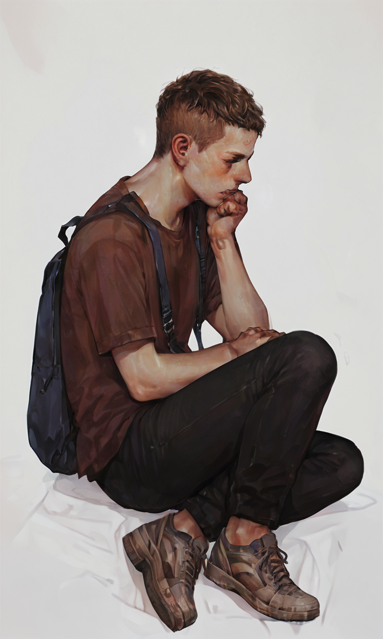 score_9, score_8_up, score_7_up, score_6_up, score_5_up, score_4_up, xhxix style, 1boy, male focus, solo, brown hair, shirt, bag, pants, shoes, black pants, from side, short sleeves, sitting