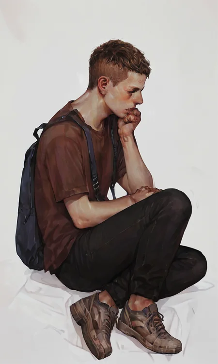 score_9, score_8_up, score_7_up, score_6_up, score_5_up, score_4_up, xhxix style, 1boy, male focus, solo, brown hair, shirt, bag, pants, shoes, black pants, from side, short sleeves, sitting