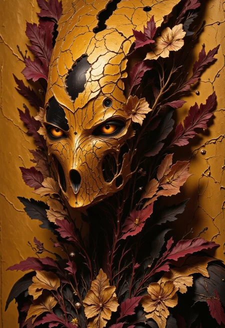 Create an intricately detailed, hyper-realistic portrait of an aging, cracking, and broken Victorian-era porcelain and paper-mâché doll depicting a wise woman. A prominent crack with a hole adorns her forehead revealing an eerie yellow glow emanating from within the doll, adding an unsettling and eerie aura to her visage. Her eyes are completely black, resembling deep voids that seem to hold ancient secrets and untold stories. She is set against a backdrop of aged, yellowed parchment, its worn textures complementing her own decaying appearance. Her ornate, Victorian-inspired gown is adorned with delicate, hand-crafted paper flowers, their petals unfolding like tiny, intricate sculptures—some torn and weathered by time.
The overall aesthetic blends Luis Royo's dark, mystical realism with Artgerm's meticulous attention to detail and H.P. Lovecraft's eerie, otherworldly sensibilities. Ambient light casts dramatic shadows across her face, accentuating the aging textures of the paper-mâché and the luminous yet cracked porcelain-like skin. The delicate, swirling patterns of the gown's aged embroidery are highlighted, emphasizing the craftsmanship of a bygone era. Wisps of faded lace and frayed edges add to the haunting beauty of the scene. The atmosphere exudes haunting elegance and creeping unease, capturing the duality of beauty and decay in a single, mesmerizing image.