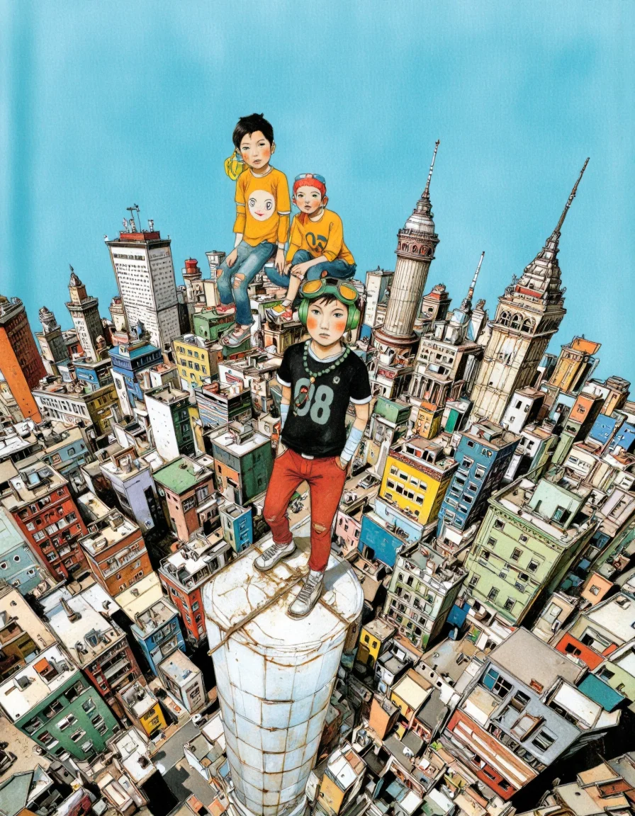 By Taiyo Matsumoto. A vibrant and colorful illustration from a bird's eye view, featuring two characters, a boy and a girl, standing on top of a skyscraper in a cityscape filled with tall buildings and a clear blue sky. the boy, with short black hair and a serious expression, is wearing a black t-shirt with the number 8 on it and red pants, while the girl, with a playful expression, sits on the edge of the skyscraper, looking down at the boy. both characters are wearing yellow shirts with the boy's face and the girl's face, and the boy is wearing goggles on his head. the cityscape is filled with various buildings, including tall towers, skyscrapers, and other structures, all of which are brightly colored with a mix of blues, greens, and yellows. <lora:Taiyo_Matsumoto-000008:1>