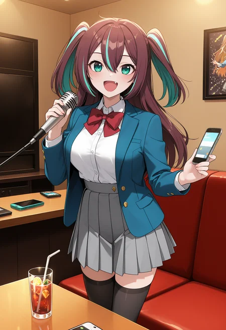 <lora:akoya matama_illustrious-000026:1>,
1girl,karaoke,skirt,thighhighs,solo,grey skirt,bow,microphone,jacket,shirt,multicolored hair,blue jacket,holding,bowtie,red bow,school uniform,white shirt,open mouth,black thighhighs,streaked hair,long sleeves,red bowtie,indoors,holding microphone,fang,long hair,table,two side up,drinking straw,brown hair,open clothes,high-waist skirt,open jacket,smile,shirt tucked in,collared shirt,standing,cup,looking at viewer,zettai ryouiki,blazer,green eyes,blue hair,drinking glass,dress shirt,aqua eyes,phone,music,pleated skirt,:d,hair between eyes,drink,aqua hair