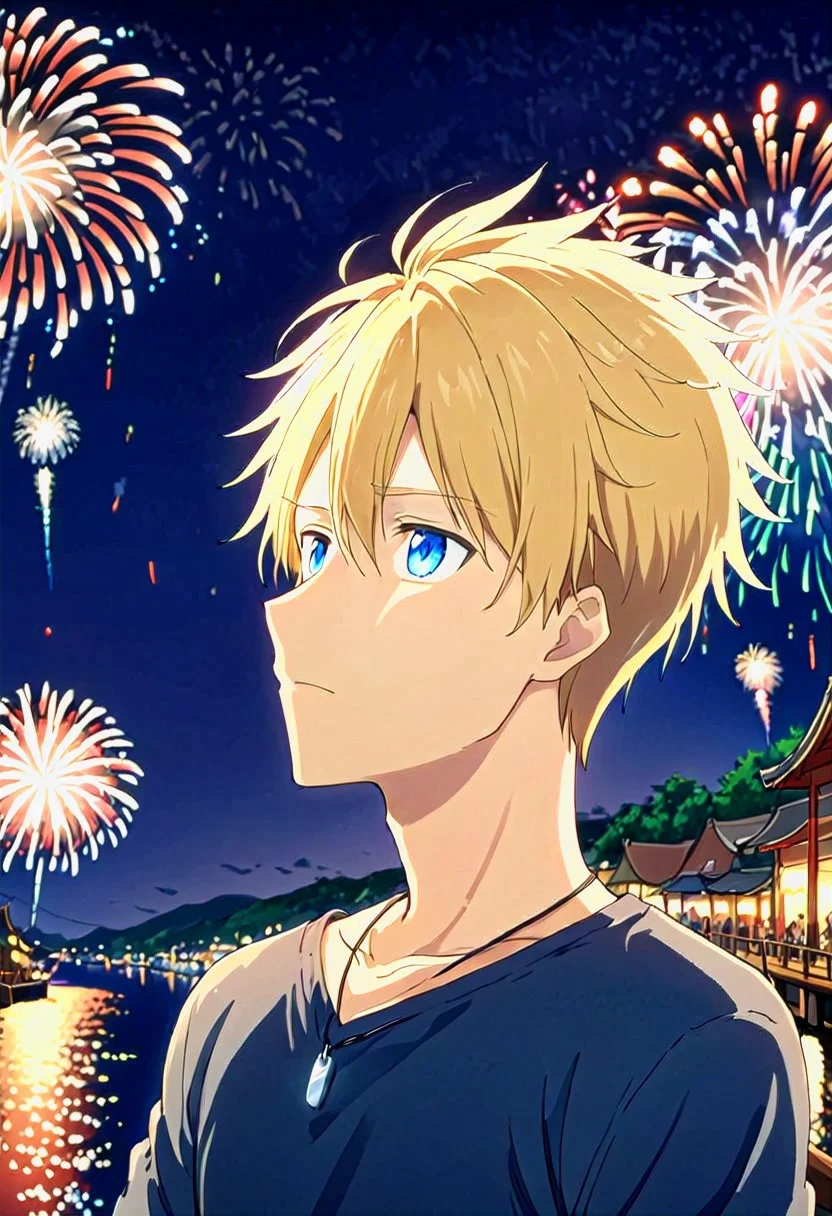 high resolution, solo, best quality, 1Boy, Yamato Ishida, Blonde Hair, Blue Eyes, Necklace, Watching fireworks, night sky, celebration, awe,