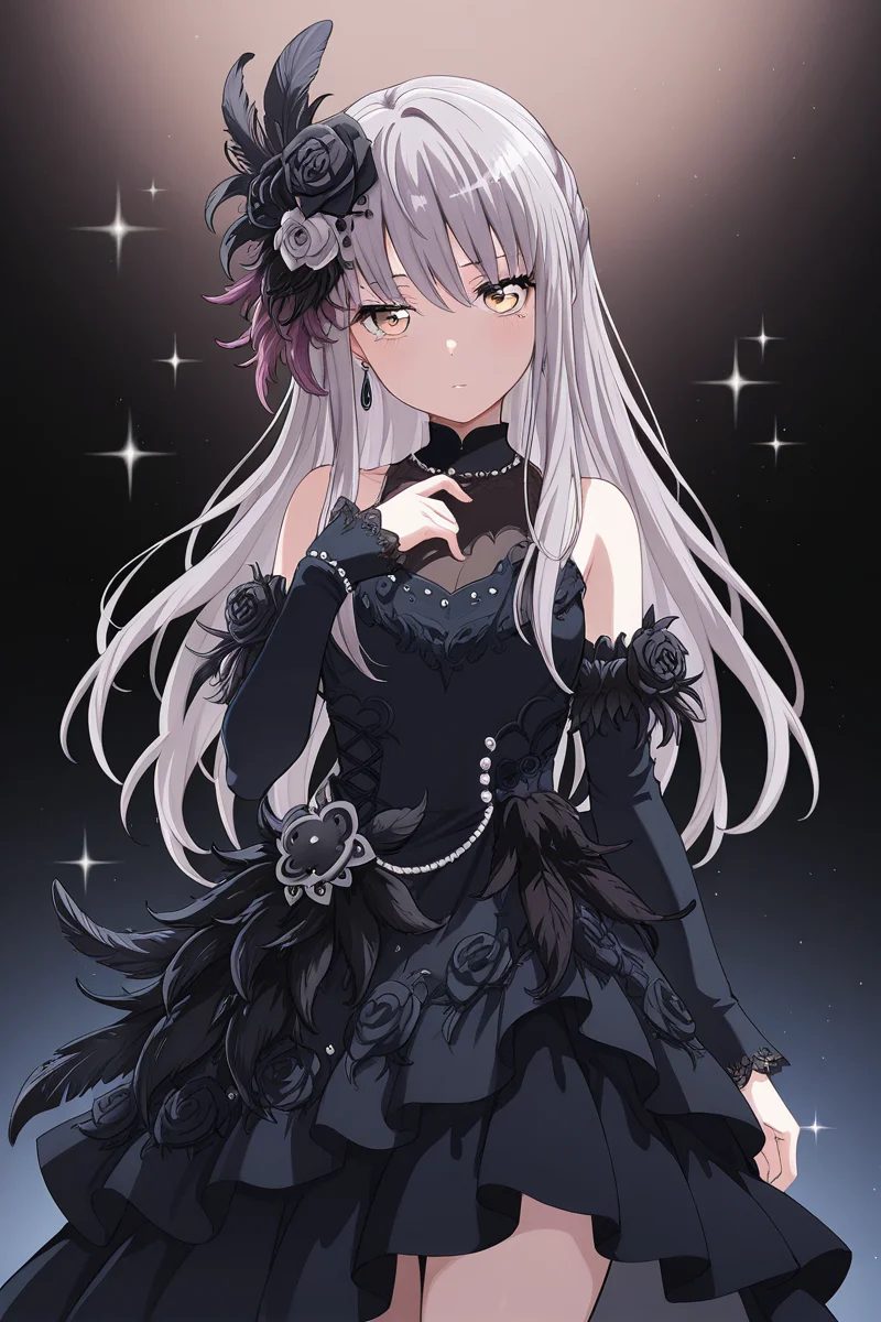 masterpiece, best quality, amazing quality,
<lora:Yukina_IL:1> yukina, 1girl, solo, flower, hair flower, hair ornament, long hair, black flower, dress, detached sleeves, rose, grey hair, feathers, bangs, earrings, black rose, jewelry, sparkle